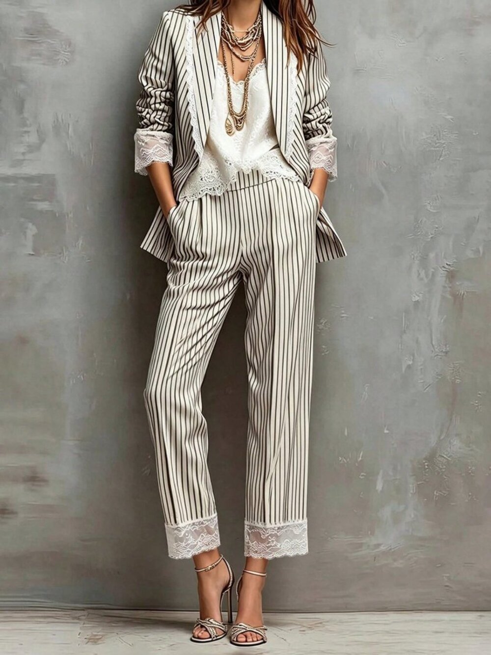 Multicolor Elegant Women's Commute Striped Lace Blazer & Pants Set